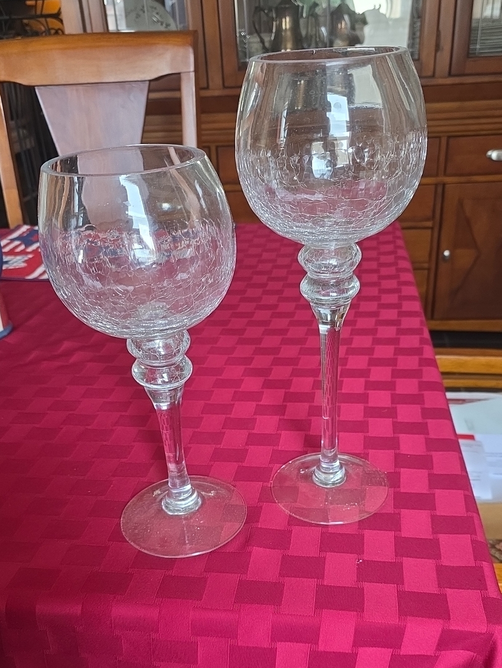 Set of 2 Clear Crackle Glass Candle Hokders - Decorative Stemware